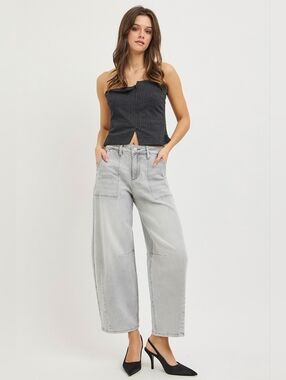 RISEN High Rise Slouchy Barrel Jeans Grey Stretch Neutral Ankle Various NEW